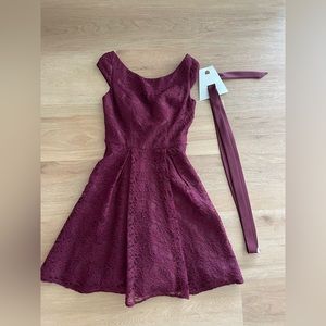 Mori Lee Burgundy lace bridesmaid dress